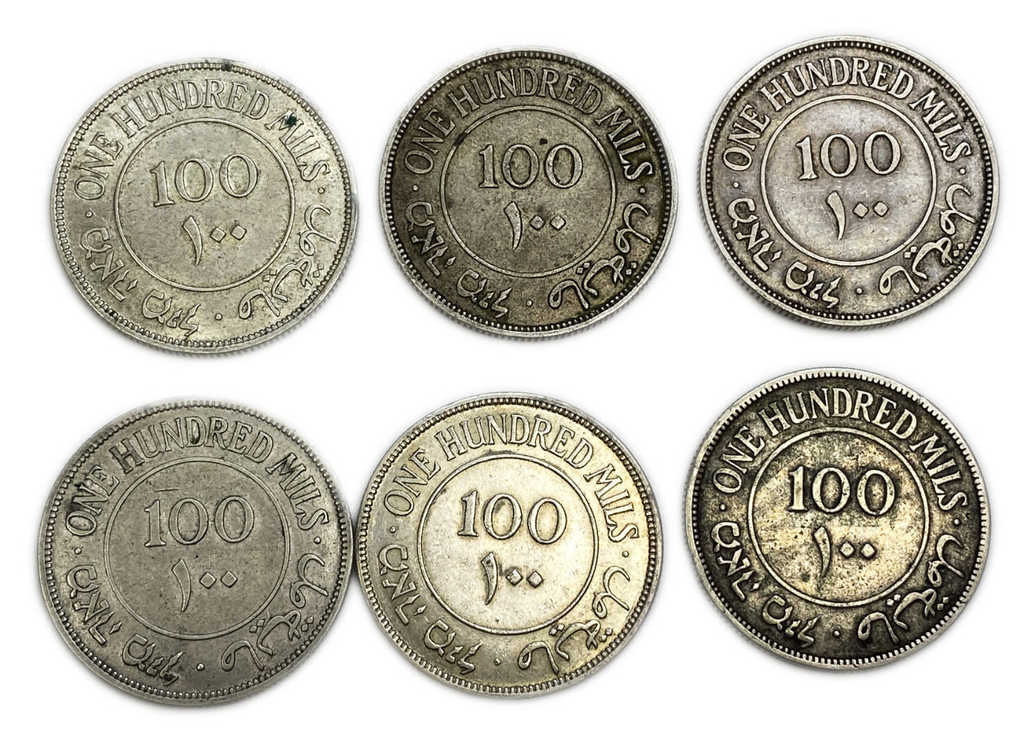 Palestine - Lot of 6 coins 100 Mils 1935, 1940 - F-XF
Mil, was the Hebrew name of ... - 1 1