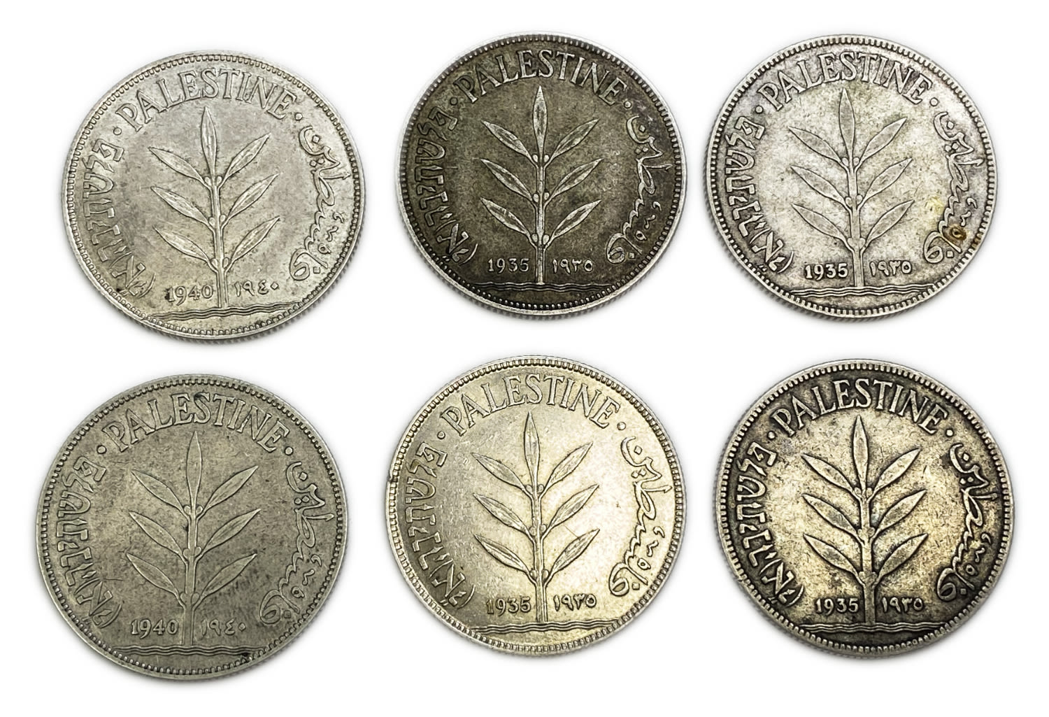 Palestine - Lot of 6 coins 100 Mils 1935, 1940 - F-XF
Mil, was the Hebrew name of ... - 1 0