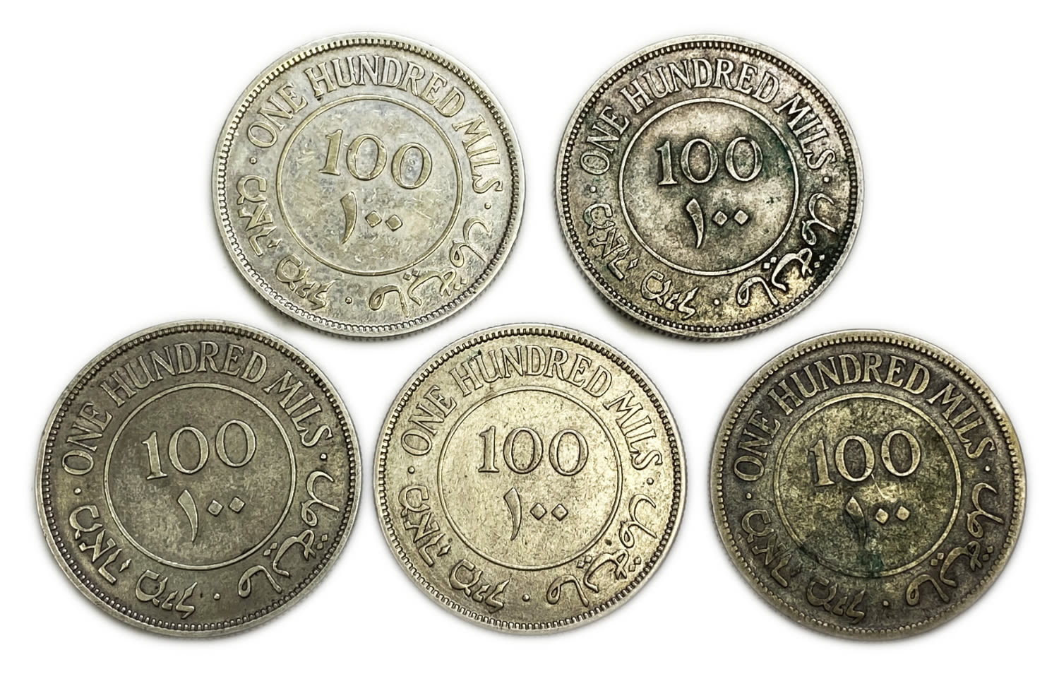 Palestine - Lot of 5 coins 100 Mils 1927, 1935, 1939, 1940, 1942 - F-XF
Mil, was the Hebrew name of ... - 1 1