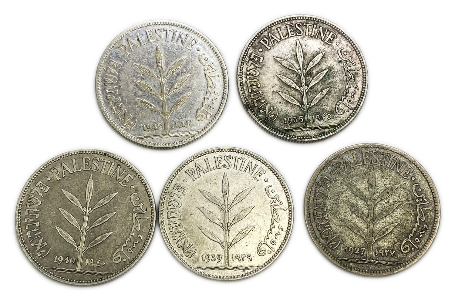 Palestine - Lot of 5 coins 100 Mils 1927, 1935, 1939, 1940, 1942 - F-XF
Mil, was the Hebrew name of ... - 1 0