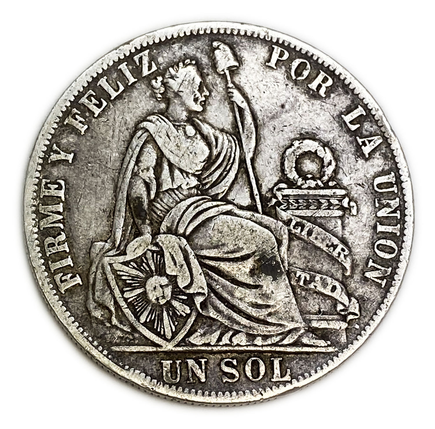 Pero - Un Sol 1890 - Silver 900, 25g, 37mm
Obverse
Coat of arms above date
Script: ... - 1 0