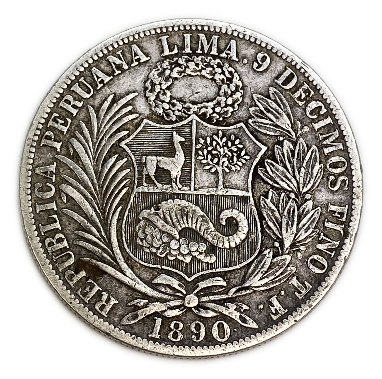 Pero - Un Sol 1890 - Silver 900, 25g, 37mm
Obverse
Coat of arms above date
Script: ... - 1 1