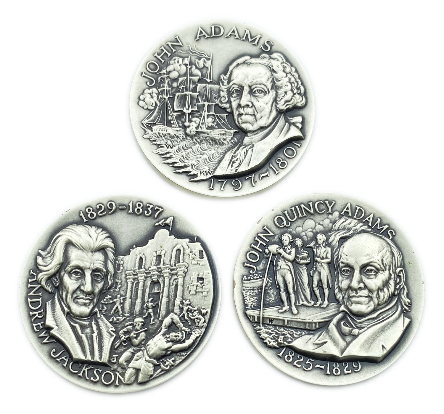 USA - Lot of 3 medals, Jhon Adams 1797-1801, Jhon Quincy Adams 1825-1829, Andrew Jackson 1829-1837 - Silver  925, 40mm - 1 0
