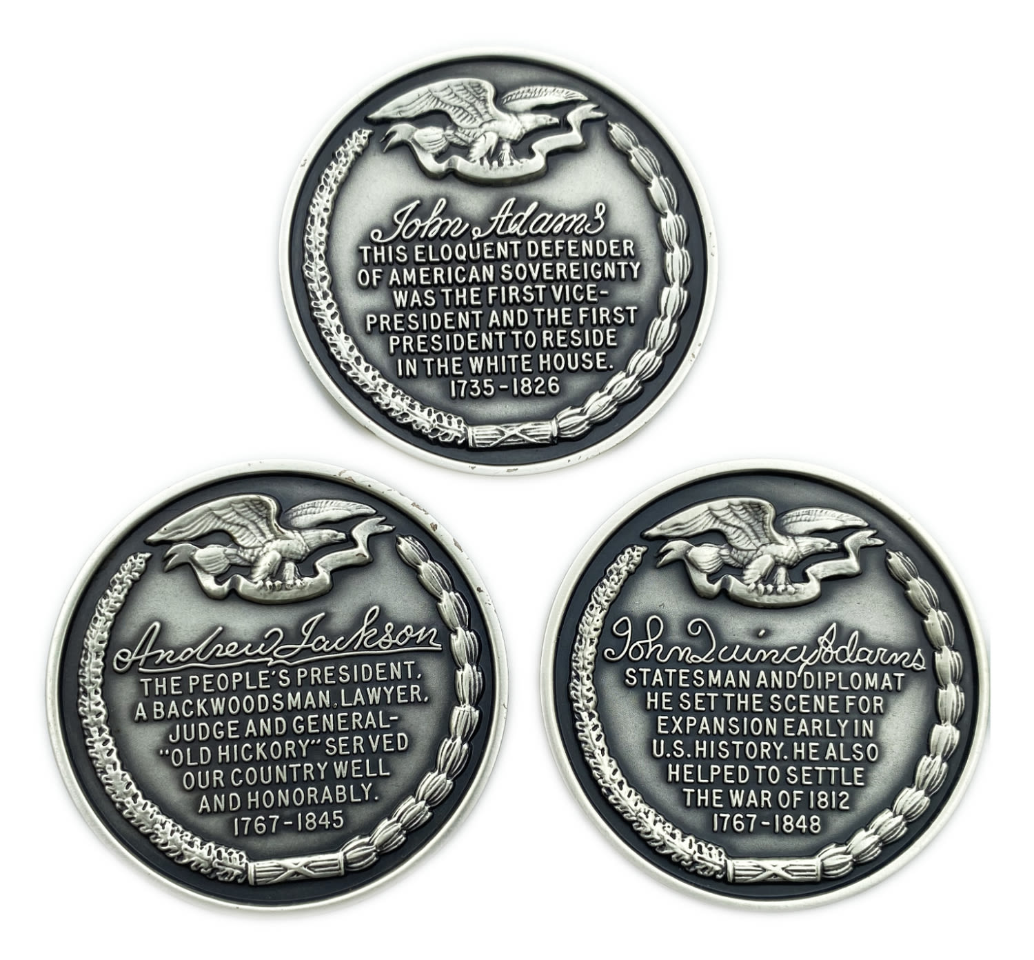 USA - Lot of 3 medals, Jhon Adams 1797-1801, Jhon Quincy Adams 1825-1829, Andrew Jackson 1829-1837 - Silver  925, 40mm - 1 1