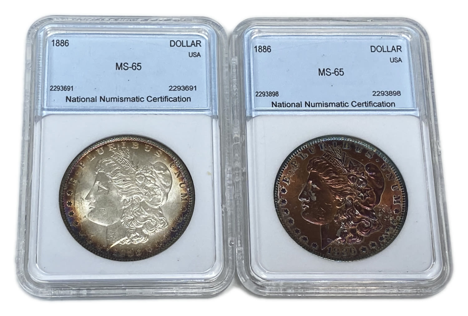 USA - Pair of coins 1 Morgan Dollar 1886 - UNC - The source of the color of the ocins is unknowned - Silver ... - 1 0