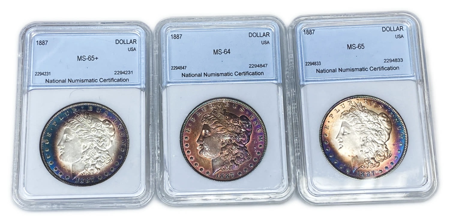 USA - Lot of 3 coins, 1 Morgan Dollar 1887 - UNC - The source of the color of the ocins is unknowned - Silver ... - 1 0