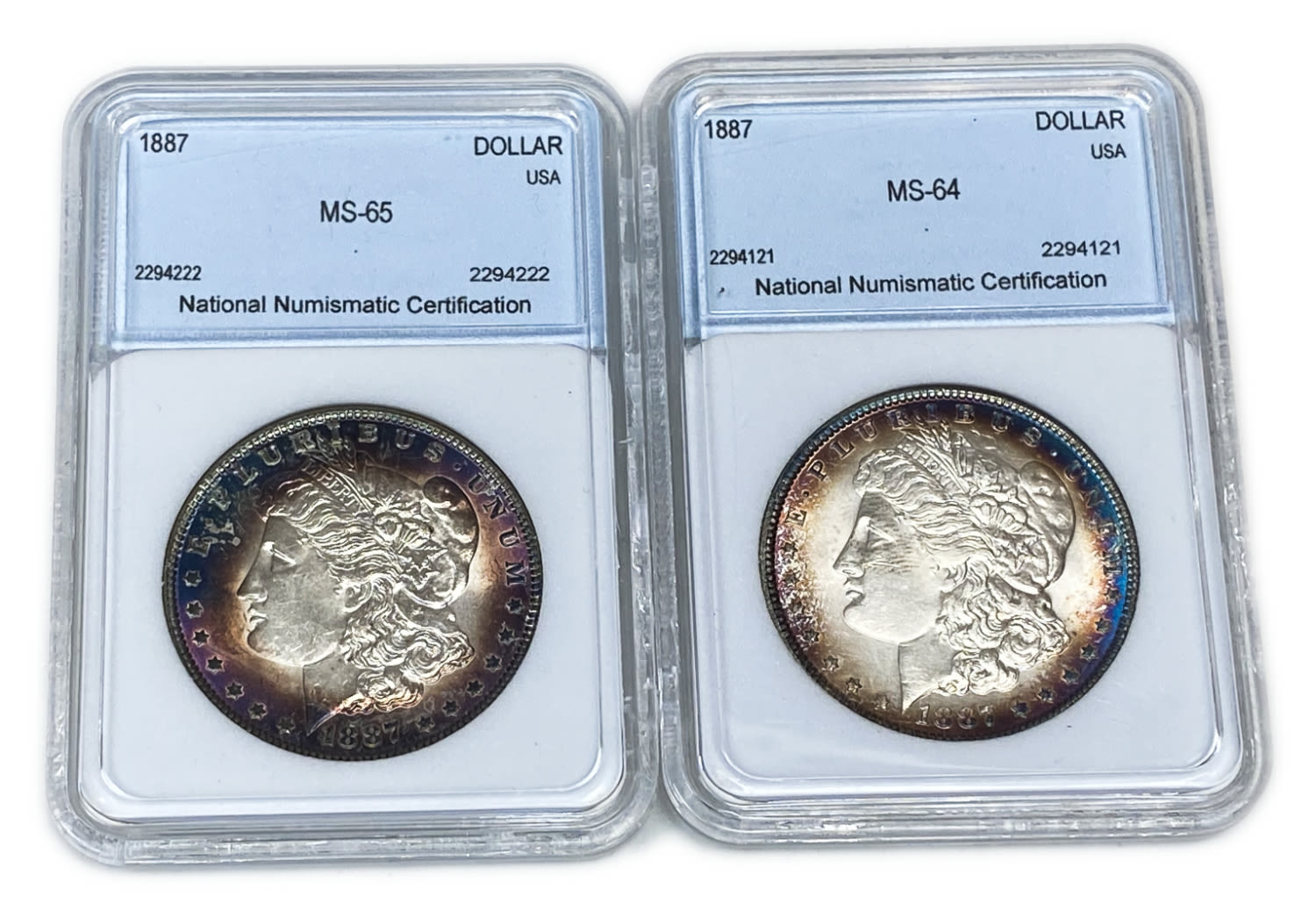 USA - Lot of 2 coins 1 Morgan Dollar 1887 - UNC - The source of the color of the ocins is unknowned - Silver ... - 1 0