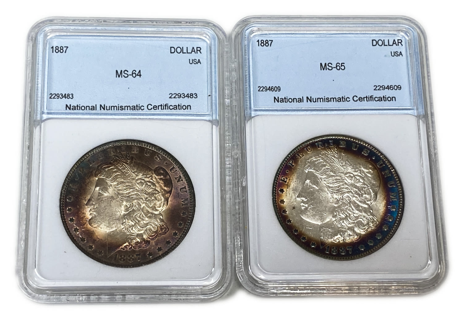 USA - Lot of 2 coins 1 Morgan Dollar 1887 - UNC - The source of the color of the ocins is unknowned - Silver ... - 1 0