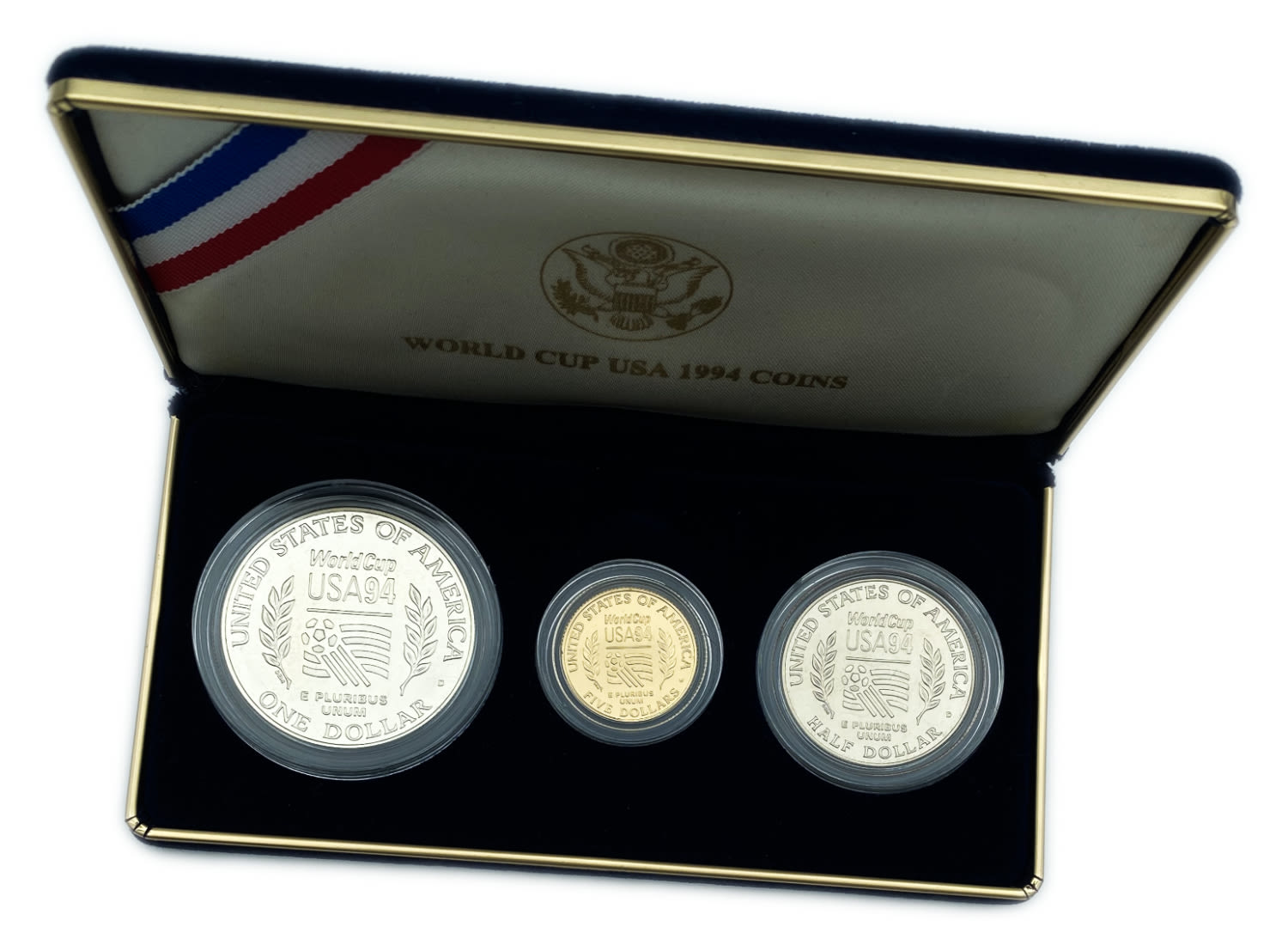 USA - Coin set of 3 coins - World cup 1994 with the original case + COA- 5 Dollars gold 900, 8.359g 1 Dollar. ... - 1 1