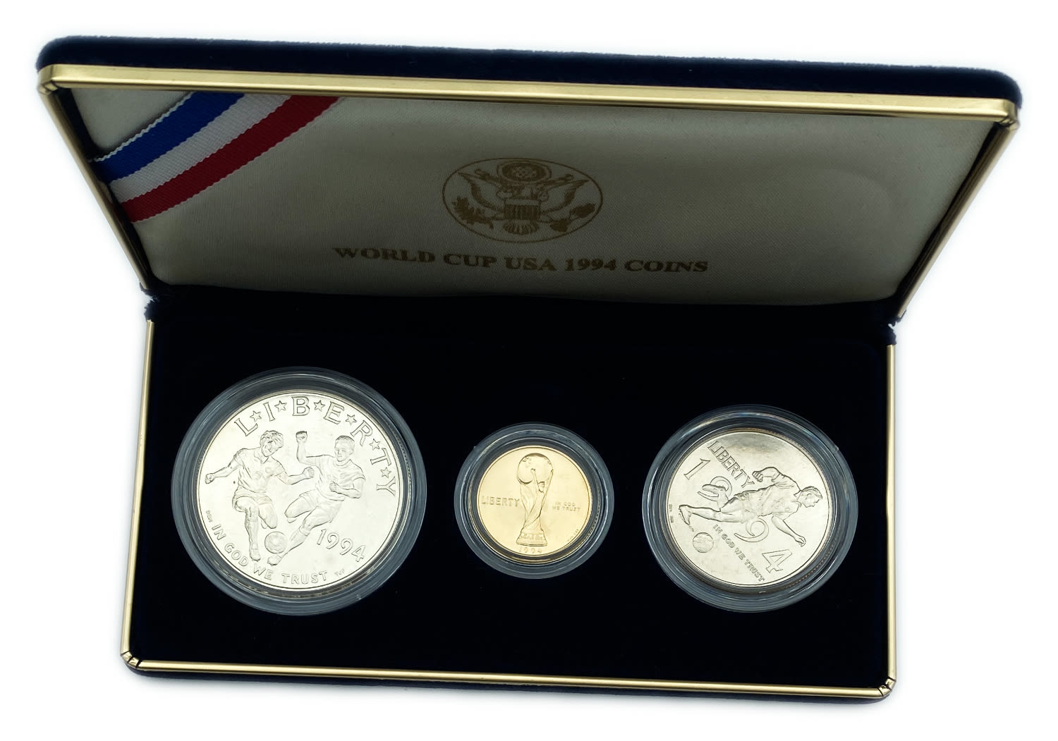 USA - Coin set of 3 coins - World cup 1994 with the original case + COA- 5 Dollars gold 900, 8.359g 1 Dollar. ... - 1 0