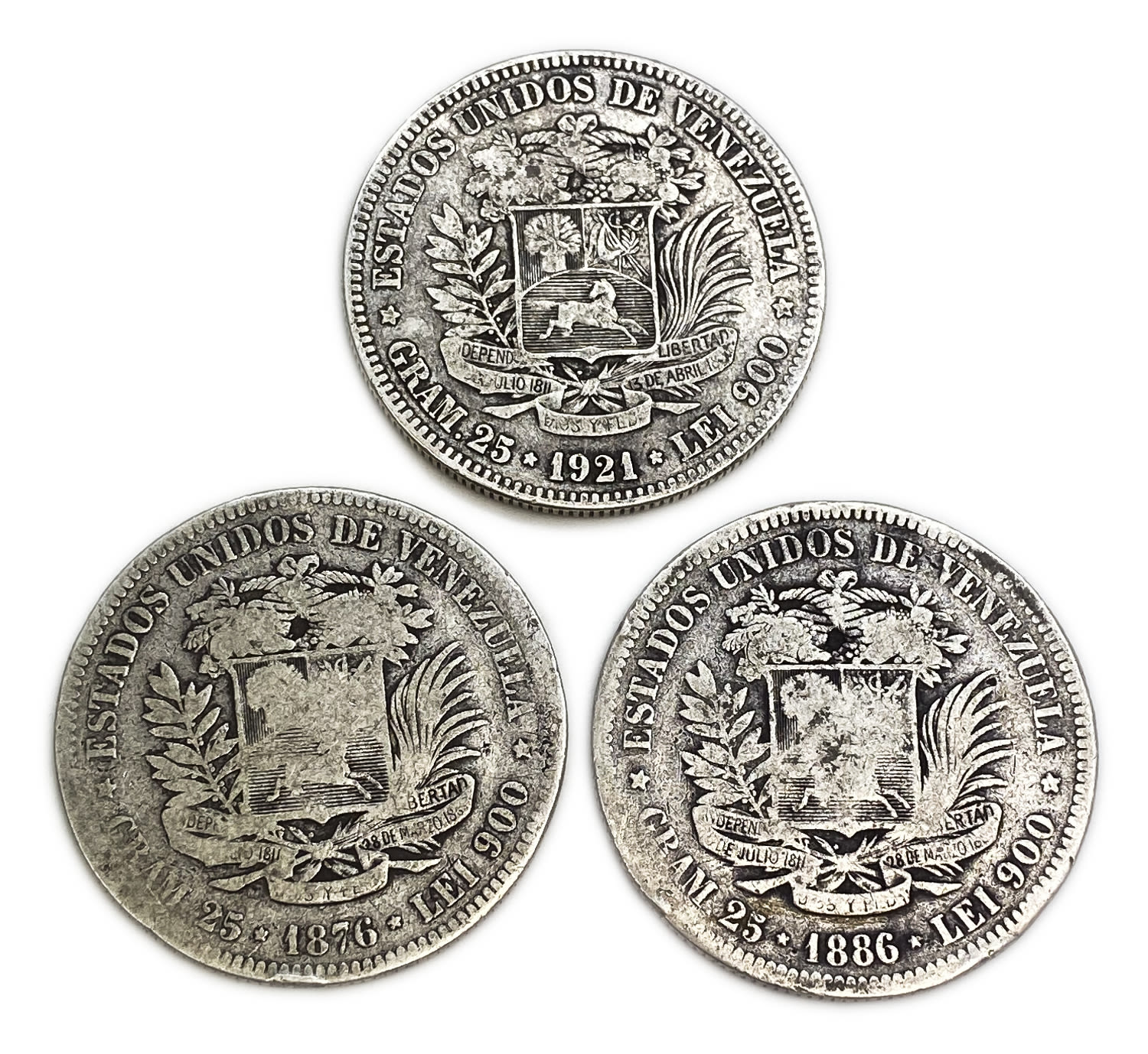 Venezuela - Lot of 3 coins, 5 Bolivares 1876, 1886, 1921 - Silver 37.2, total weight 73g
Obverse ... - 1 0