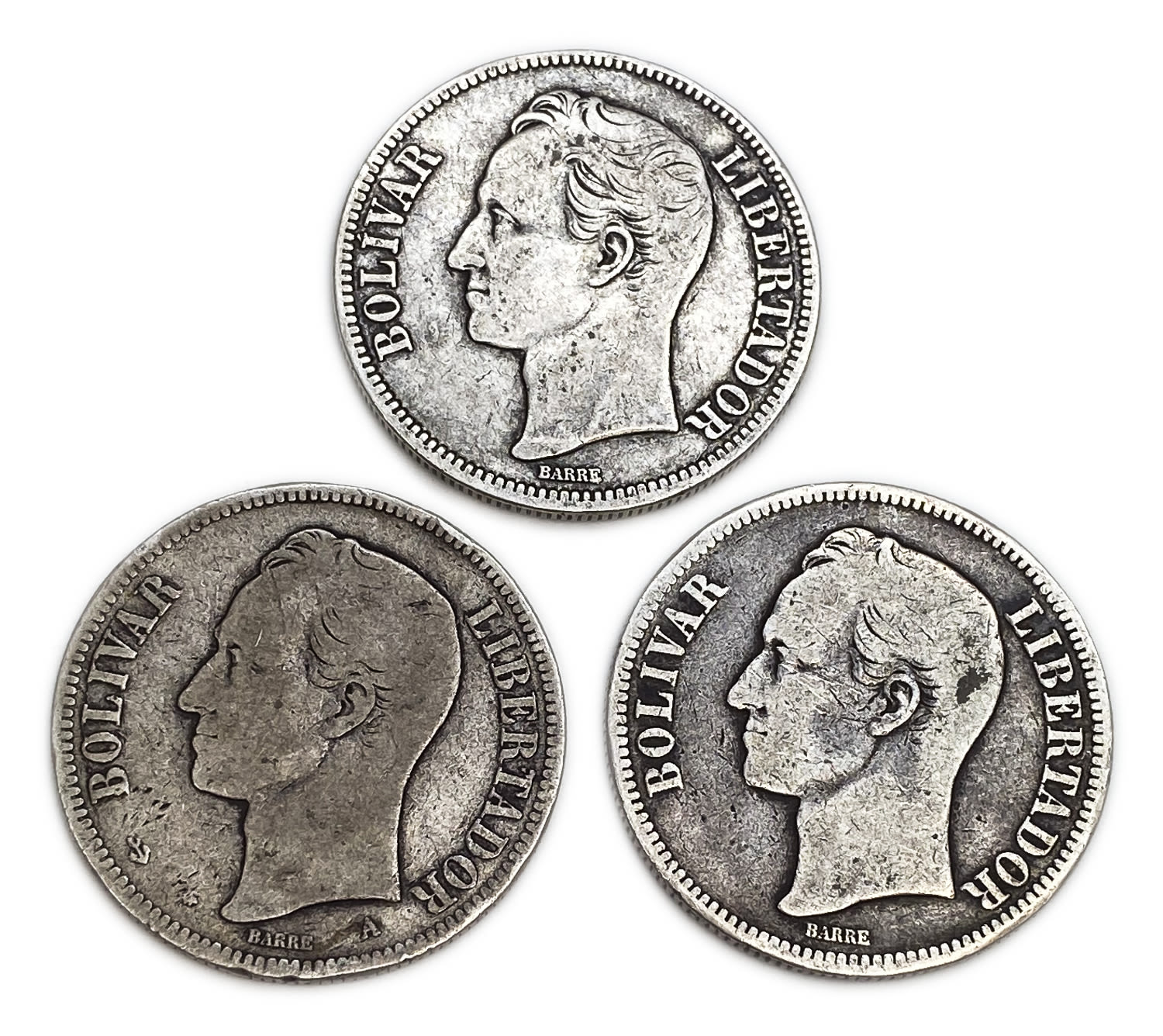 Venezuela - Lot of 3 coins, 5 Bolivares 1876, 1886, 1921 - Silver 37.2, total weight 73g
Obverse ... - 1 1