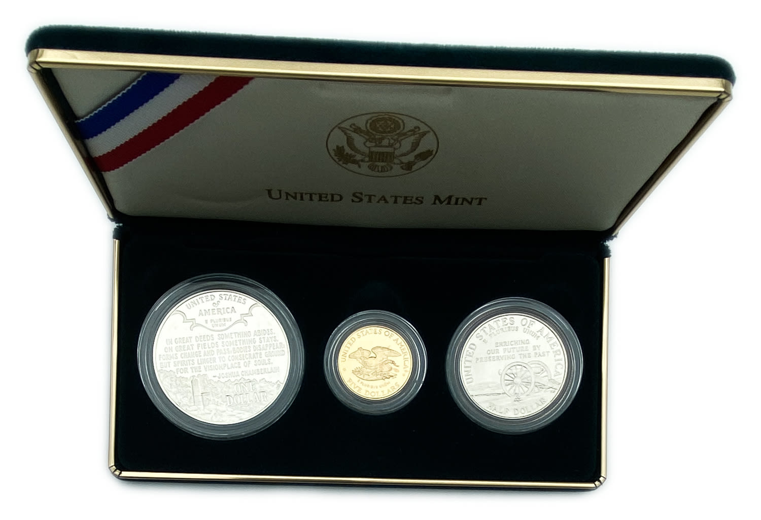 USA - 3 coins set - Civil war battlefield commemorative coins 1995 - 5 Dollars, Gold 900, 8.539g. 1 Dollar, silver ... - 1 1
