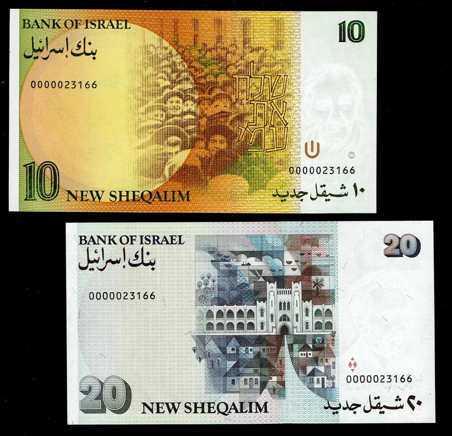 Israel - Pair banknotes of 10 and 20 Shekel 1985, 1987 - Same serial number 0000023166 - UNC
10 Shekel: ... - 1 1