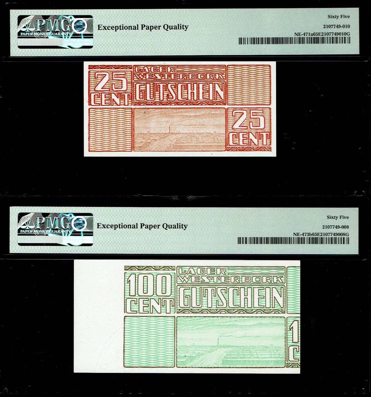 Holocaust concentration camps money - Netherlands - 25, 50 and 100 cents 1944 - Westerbork camp - PMG 30, PMG 65 ... - 1 2