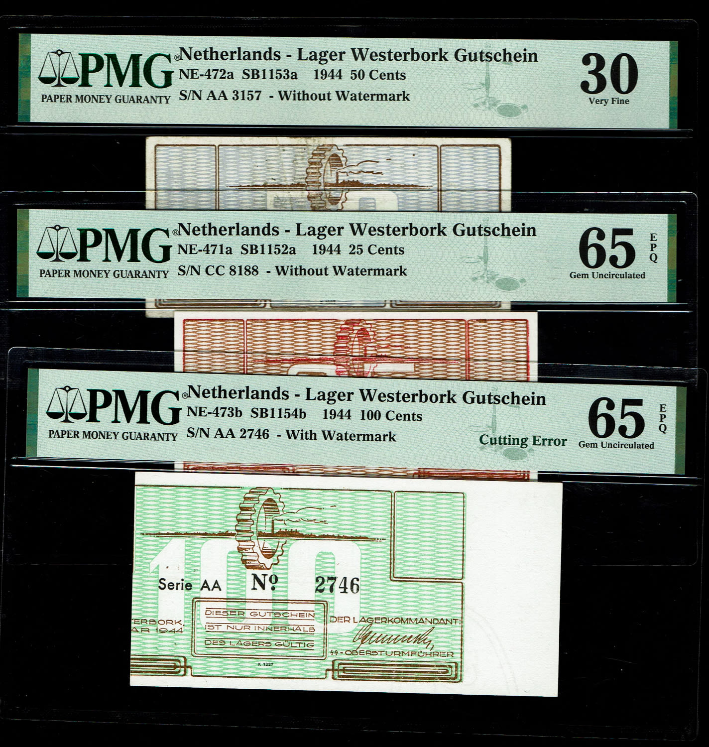 Holocaust concentration camps money - Netherlands - 25, 50 and 100 cents 1944 - Westerbork camp - PMG 30, PMG 65 ... - 1 0