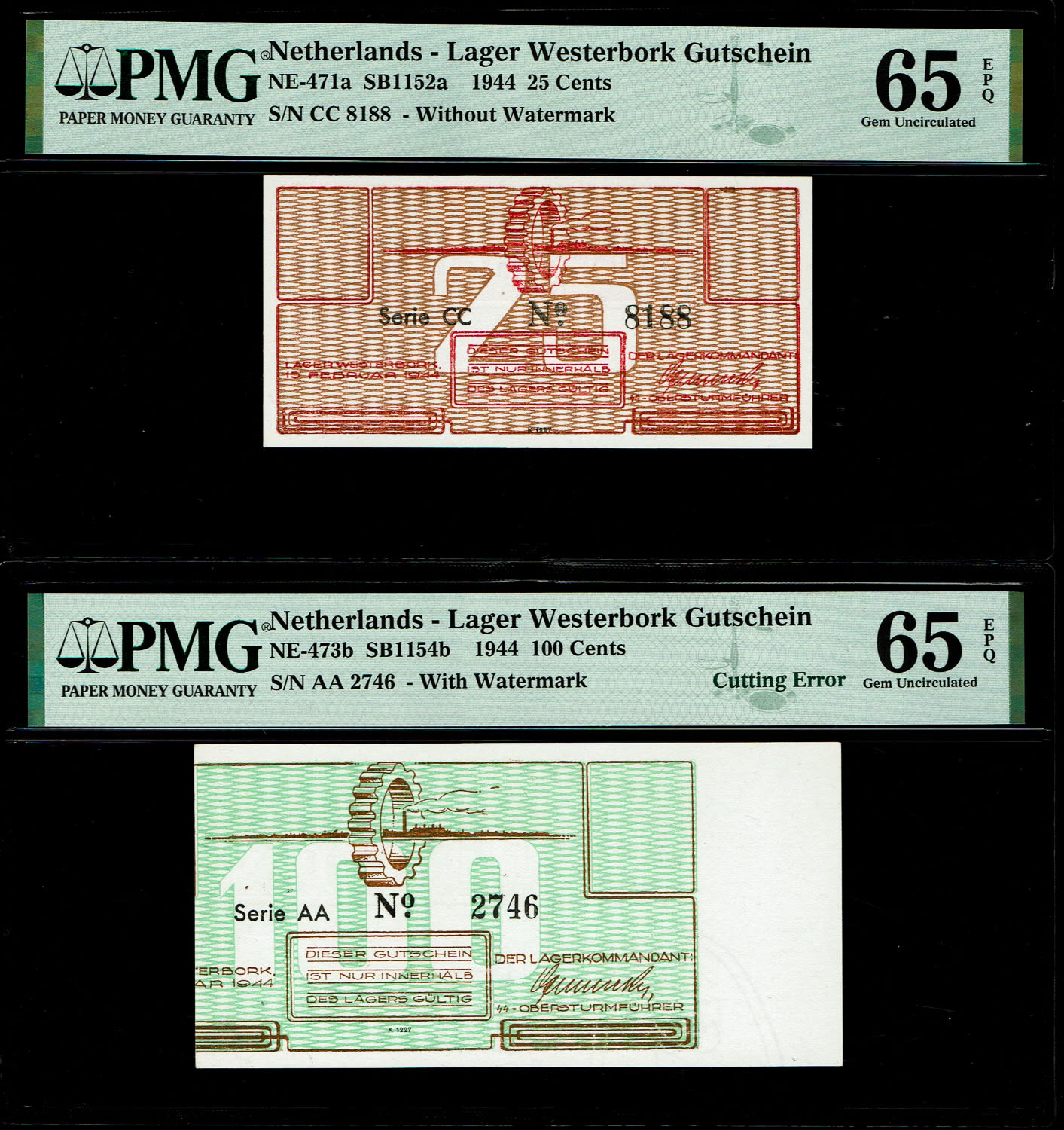 Holocaust concentration camps money - Netherlands - 25, 50 and 100 cents 1944 - Westerbork camp - PMG 30, PMG 65 ... - 1 1