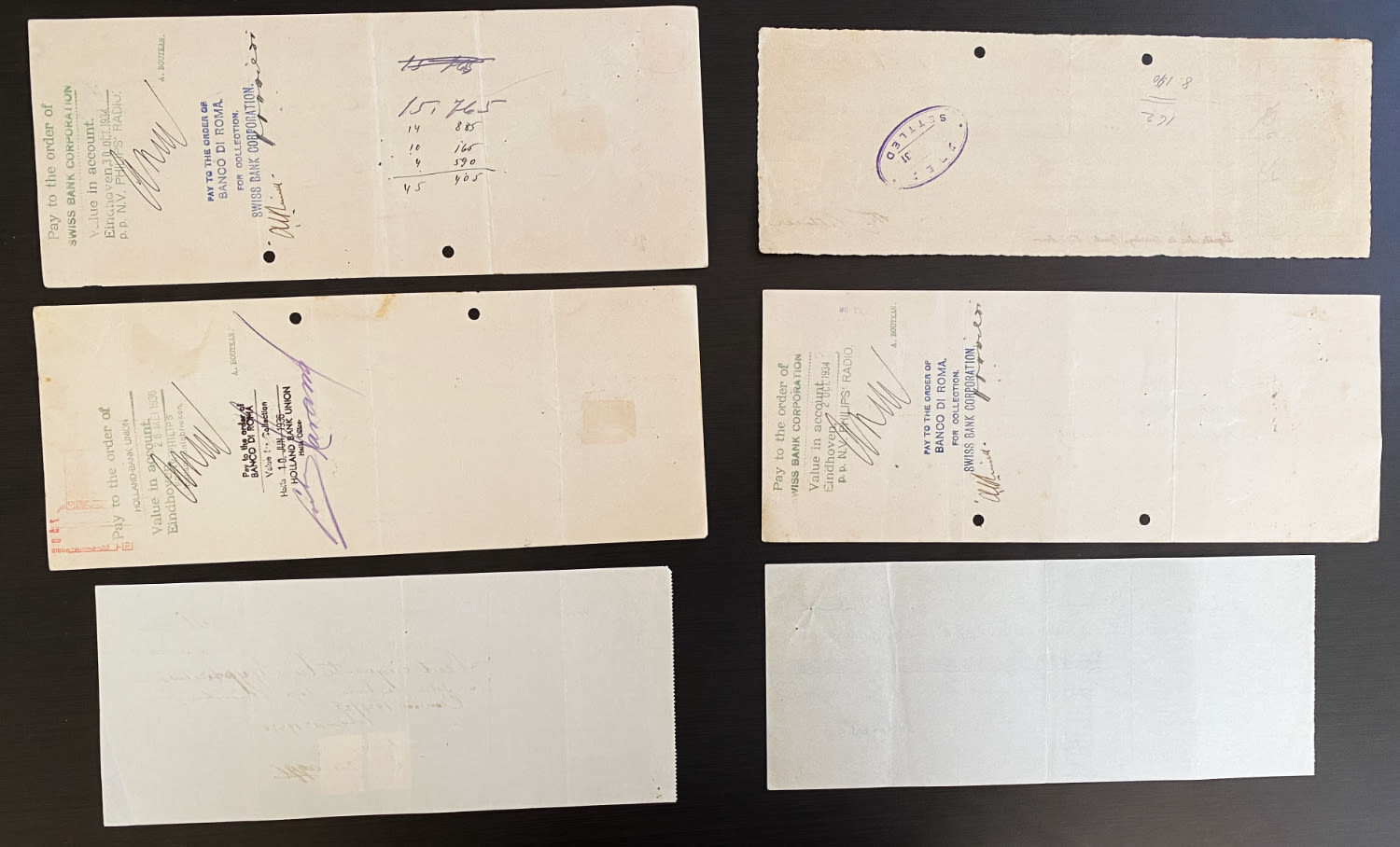 Israel / Palestine - A collection of 6 checks, some with stamps with "Tel Aviv" on them (branch?), some with ... - 1 7