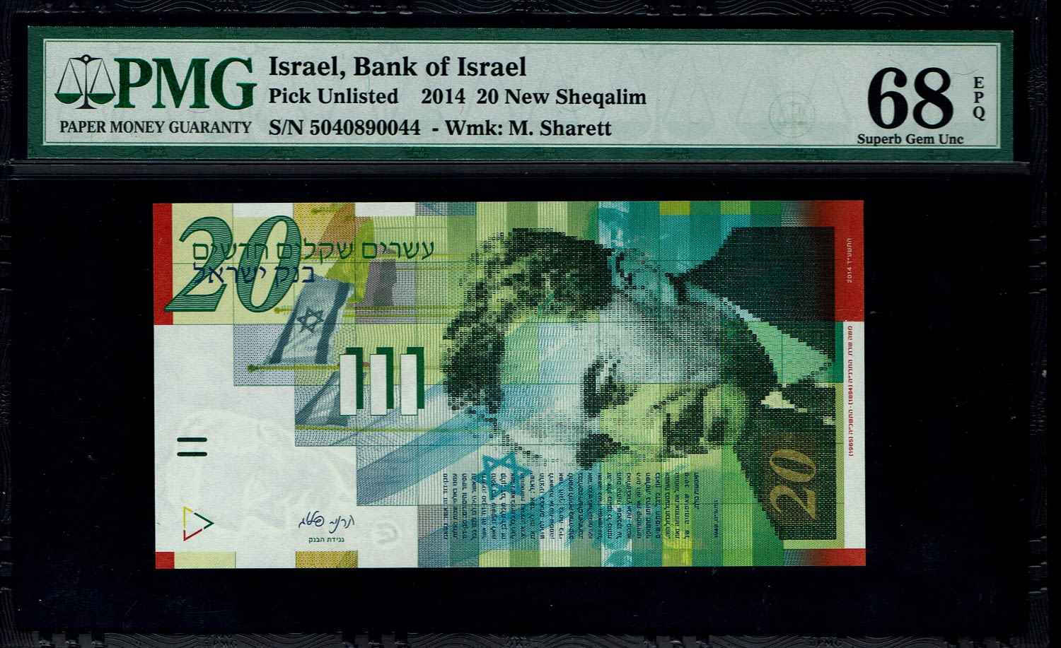 Israel - 20 New Shekels 2014 - PMG 68 EPQ
Front: Portrait of Moshe Sharett, picture of the ceremony ... - 1 0