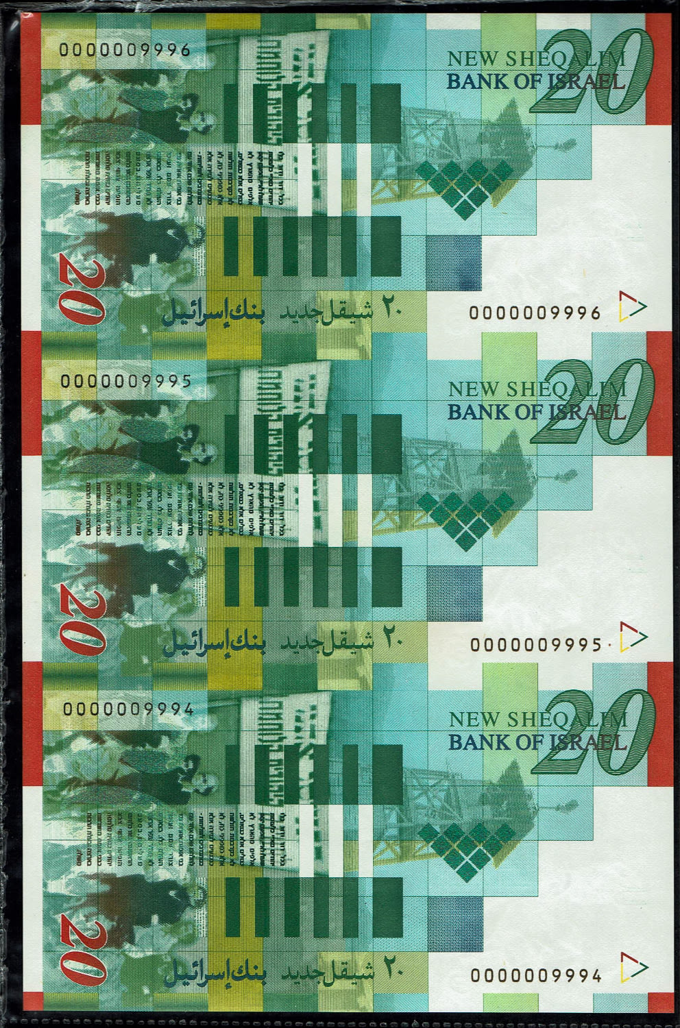 Israel - A pair of sheets banknotes 20, 50 shekels 2001 - Same serial number - UNC
20 Shekels: ... - 1 4