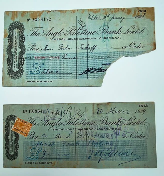 Israel / Palestine - A pair of cheques Anglo-Palestine, London branch - 1934, 1938. As you can see in the ... - 1 0