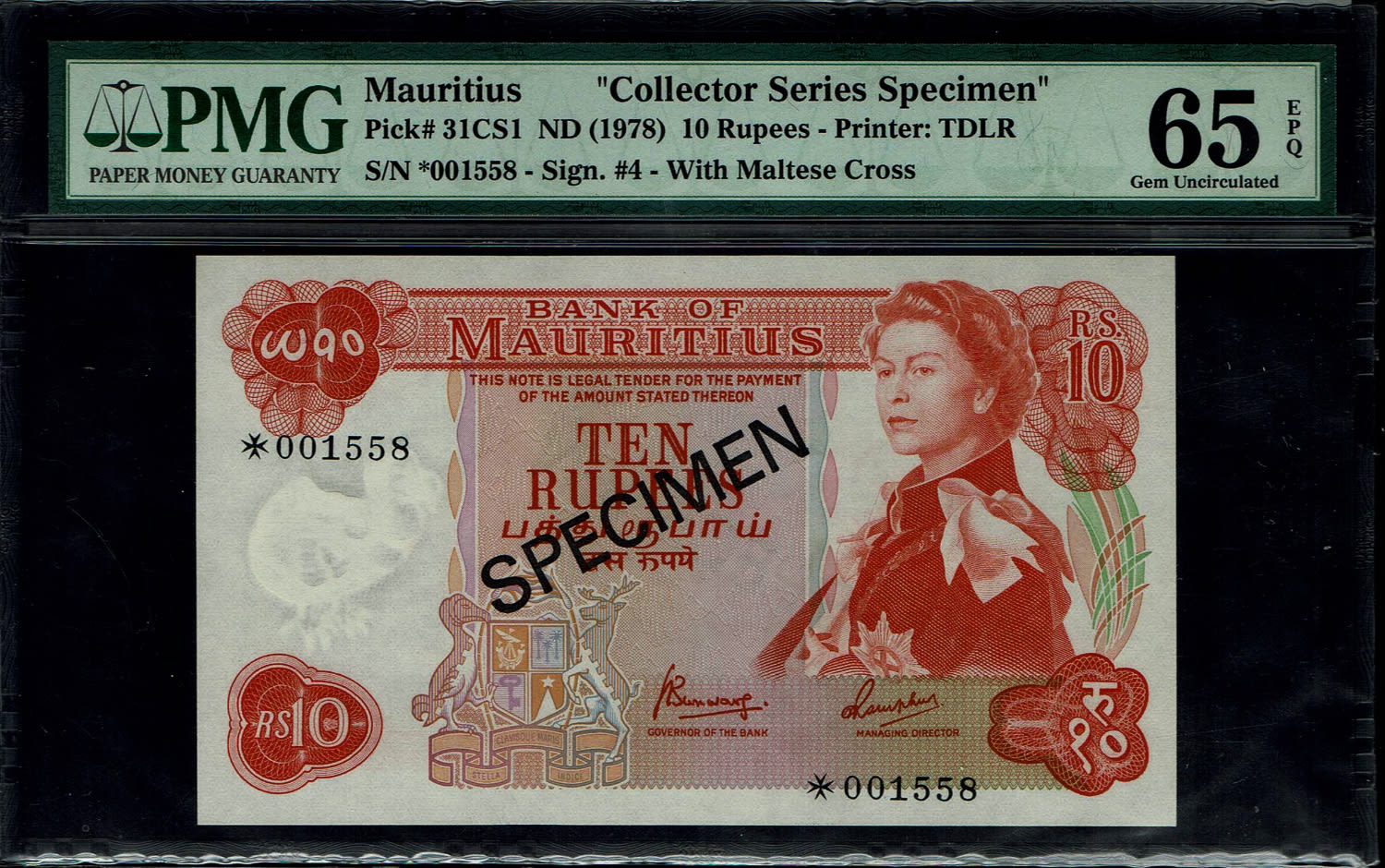 Mauritius - 10 Rupees 1978 - SPECIMEN - "Collector Series Specimen" - PMG 65 EPQ
This is an ... - 1 0