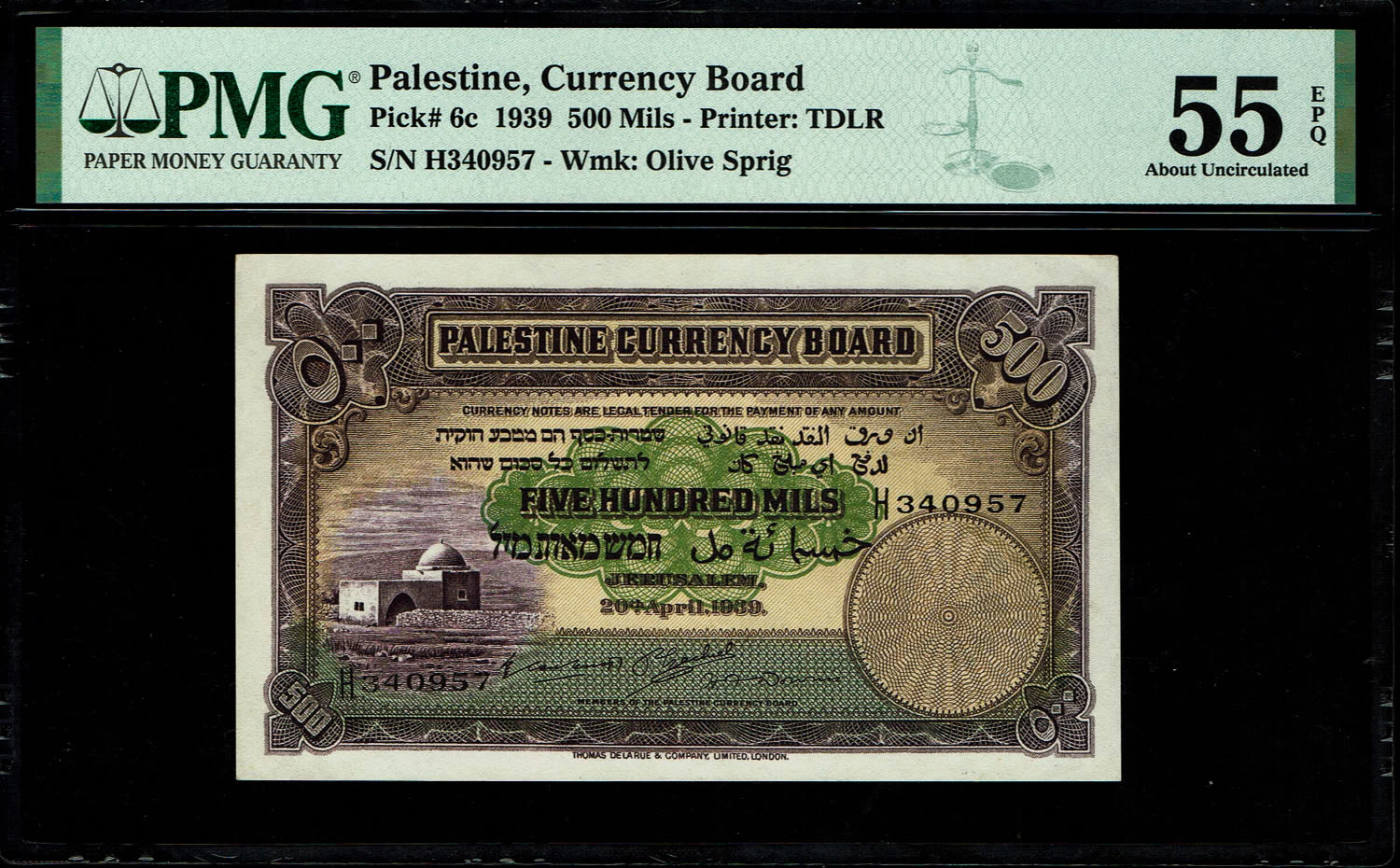 Palestine - 500 mils 1939 - PMG 55 EPQ - Prefix H
The last time a note appeared above this grade for ... - 1 0