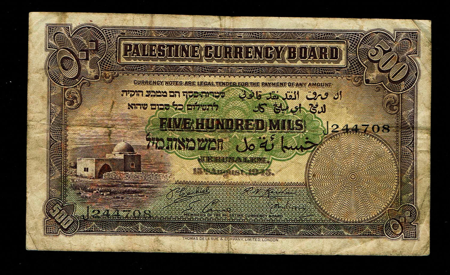 Palestine - 500 mils 1945 - F-VF
Although the British Mandate ended in 1947 and the note were ... - 1 0