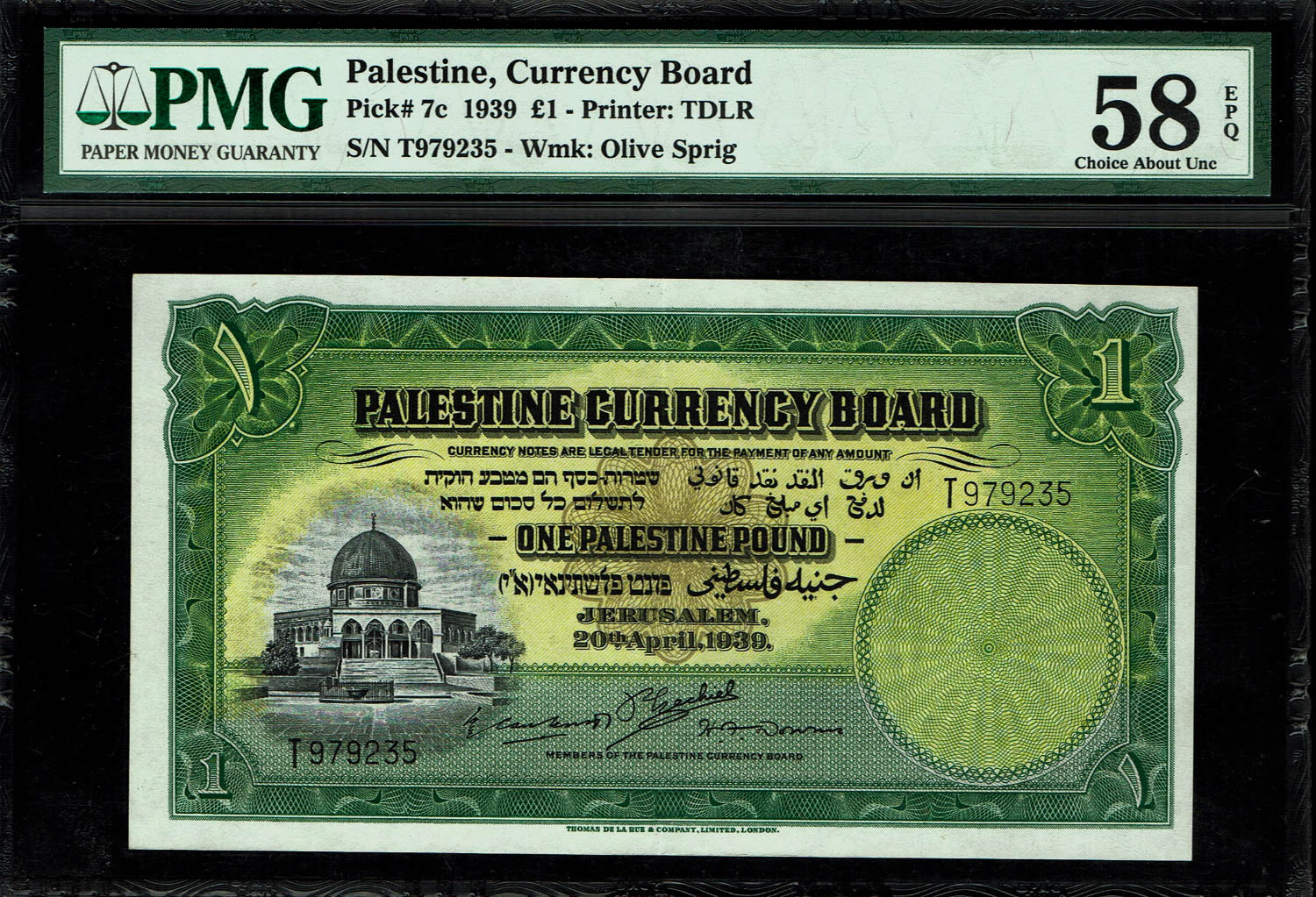 Palestine - 1 Pound 1939 - PMG 58 EPQ - Prefix T - Rare
Very high banknote, almost new, very ... - 1 0
