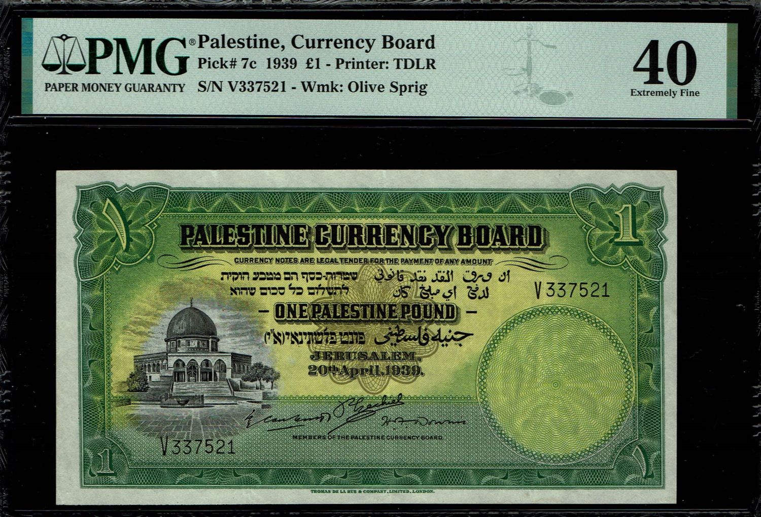 Palestine - 1 Pound 1939 - PMG 40 - Prefix V
Very high lever banknote with strong color and ... - 1 0