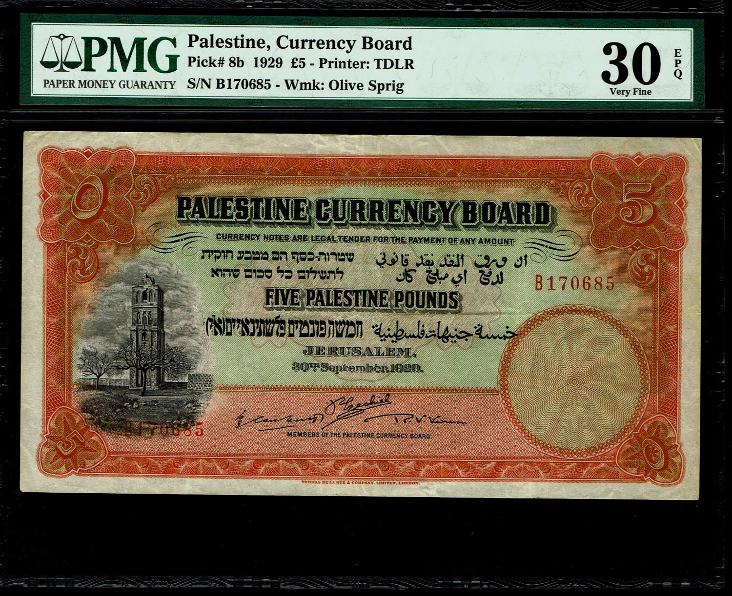 Palestine - 5 Pounds 1929 - PMG 30 EPQ - Prefix A - Rare
Banknote from 1929, a very difficult year to ... - 1 0