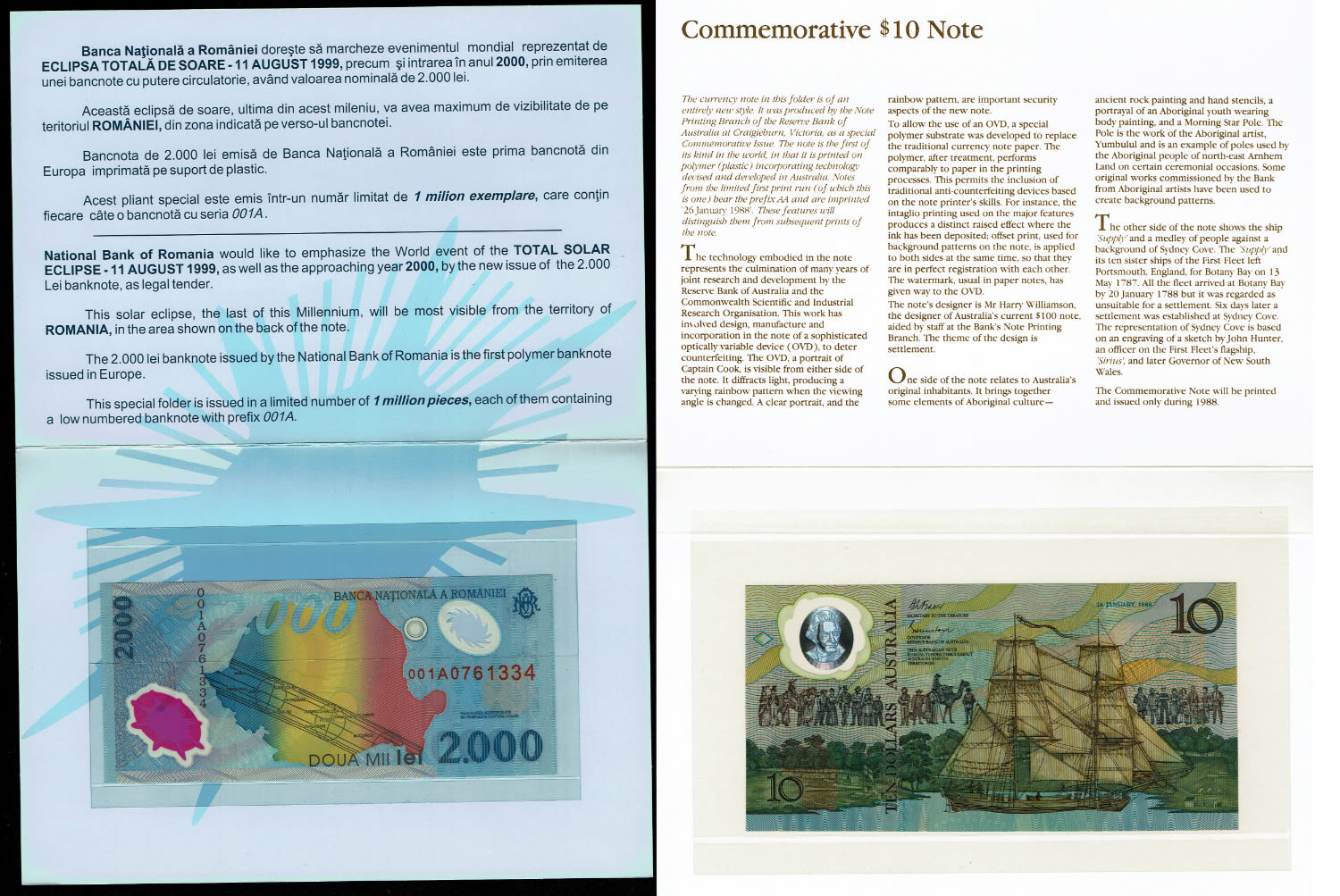 World - A pair of banknotes, Australia 10 Dollars 1988, Romania 2,000 lei 1999 - Are in their original cases - UNC - 1 0