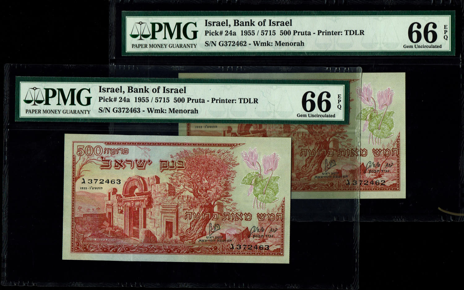 Israel - 500 Pruta 1955 - PMG 66 EPQ - Consecutive numbers - Prefix G
The Bank of Israel was founded ... - 1 0