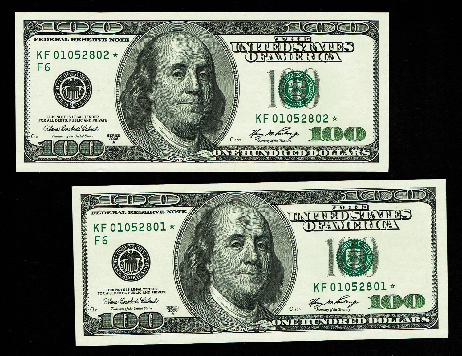 USA - Pair of 2 banknotes of 100 Dollars 2006 - Consecutive serial number - UNC
The dollar (or US ... - 1 0