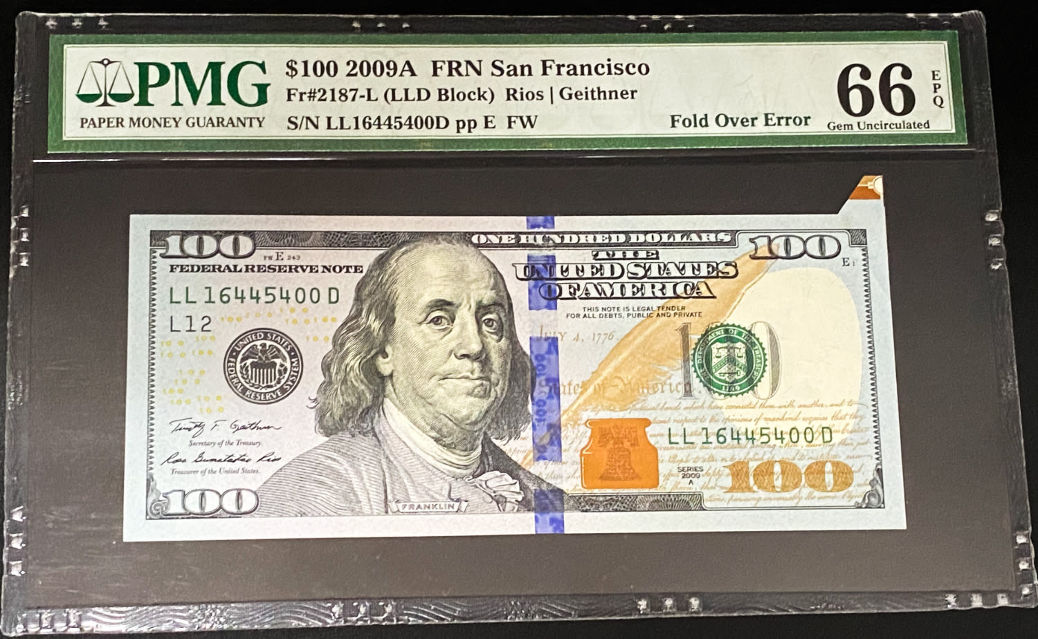 USA - 100 Dollars 2009 - Printing error, Fold over error - PMG 66 EPQ
The dollar (or US dollar, also ... - 1 0