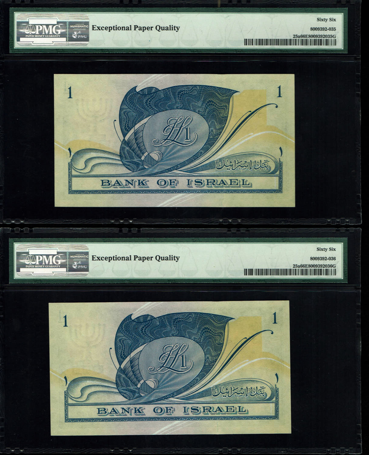 Israel - 3 Banknotes of 1 Lira 1955 - PMG 66 EPQ - Consecutive numbers - Prefix CH
In 1954, the Bank ... - 1 4
