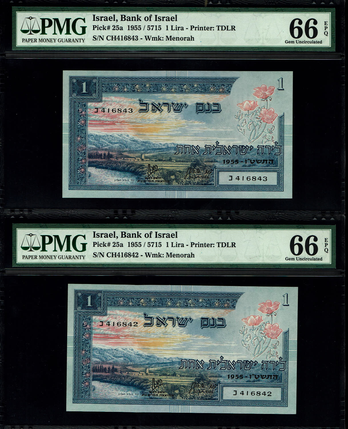 Israel - 3 Banknotes of 1 Lira 1955 - PMG 66 EPQ - Consecutive numbers - Prefix CH
In 1954, the Bank ... - 1 3