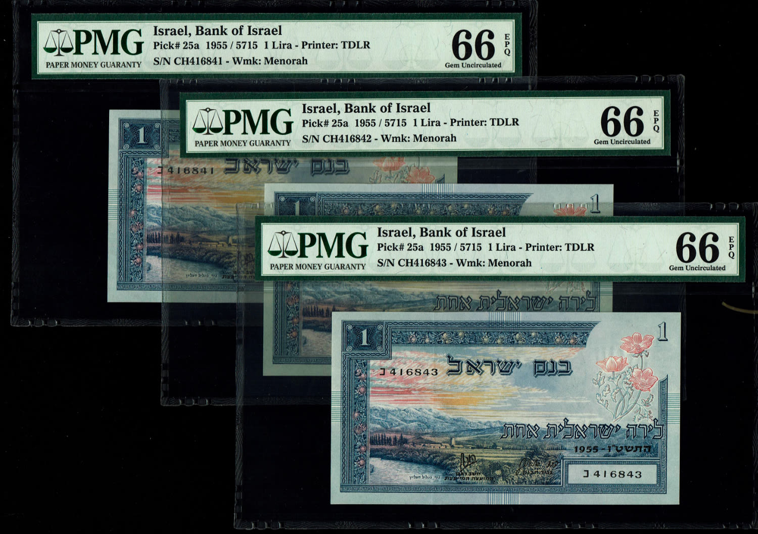 Israel - 3 Banknotes of 1 Lira 1955 - PMG 66 EPQ - Consecutive numbers - Prefix CH
In 1954, the Bank ... - 1 0