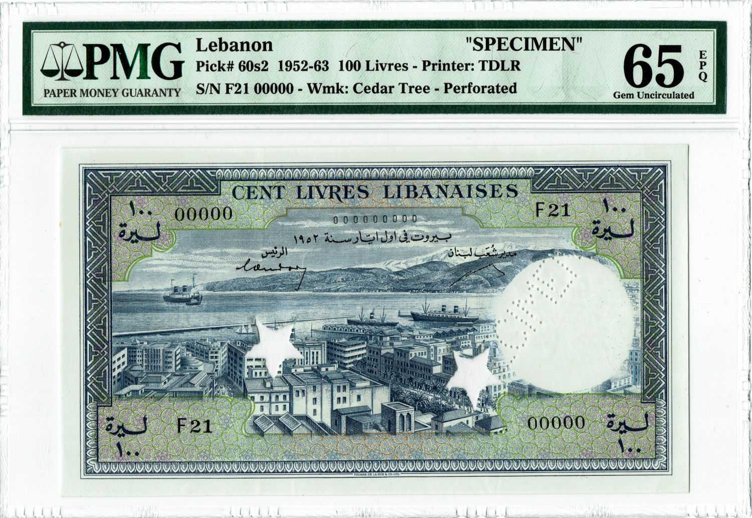 Lebanon - 100 Lirot 1952 - SPECIMEN - PMG 65 EPQ. - 1 0