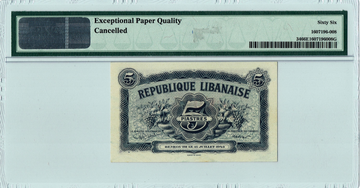 Lebanon - 5 Piaster 1942 - PMG 66 EPQ. - 1 1
