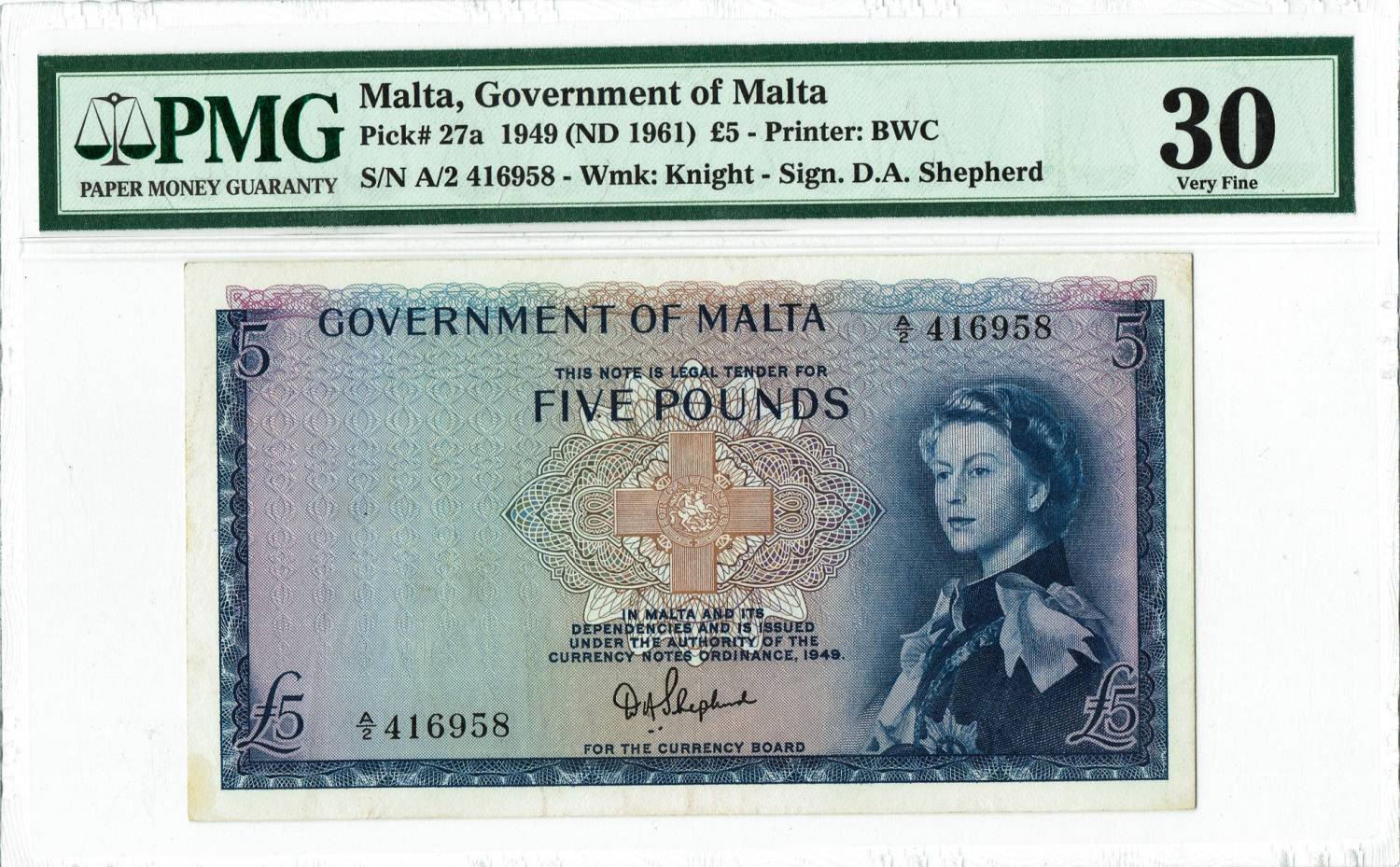 Malta - 5 Pound 1949 - PMG 30 - 1 0