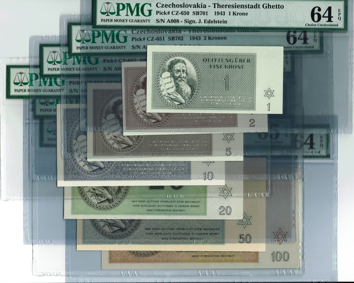 Czechoslovakia - 7 Banknotes 1-100 Kronen 1943 - PMG 64-65 - Theresientadt Ghetto. - 1 0