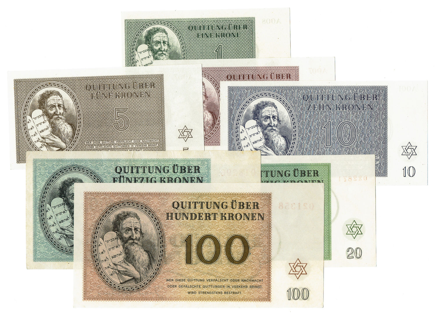 Czechoslovakia - 7 Banknotes 1-100 Kronen 1943 - Theresientadt Ghetto. - 1 0
