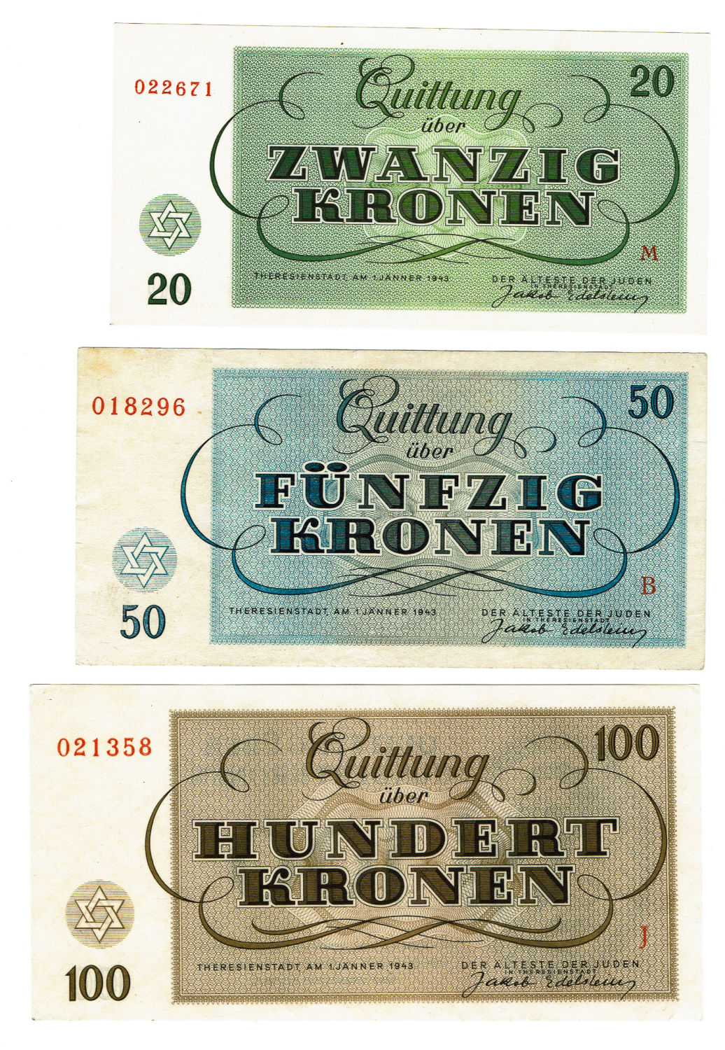 Czechoslovakia - 7 Banknotes 1-100 Kronen 1943 - Theresientadt Ghetto. - 1 4