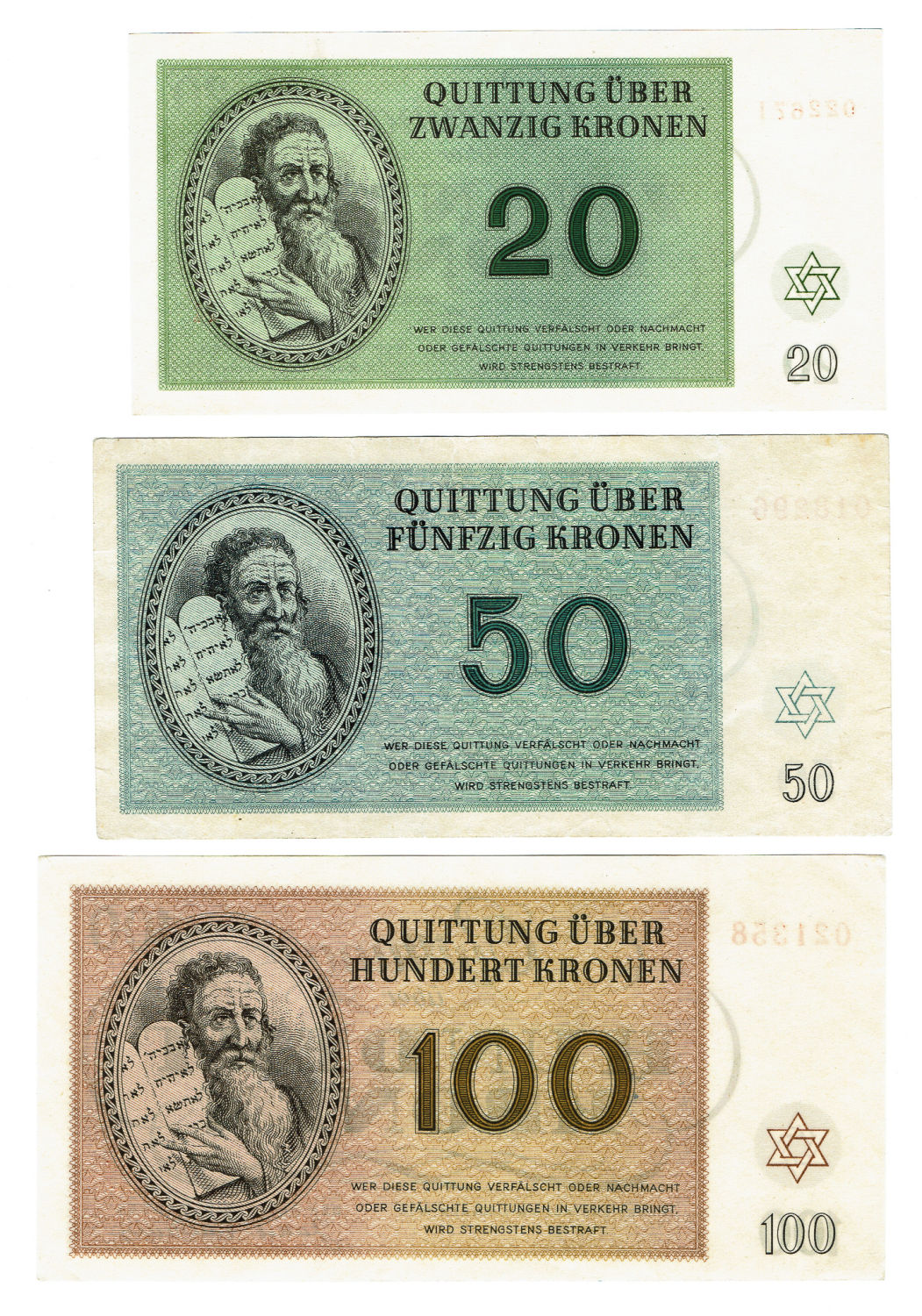 Czechoslovakia - 7 Banknotes 1-100 Kronen 1943 - Theresientadt Ghetto. - 1 3