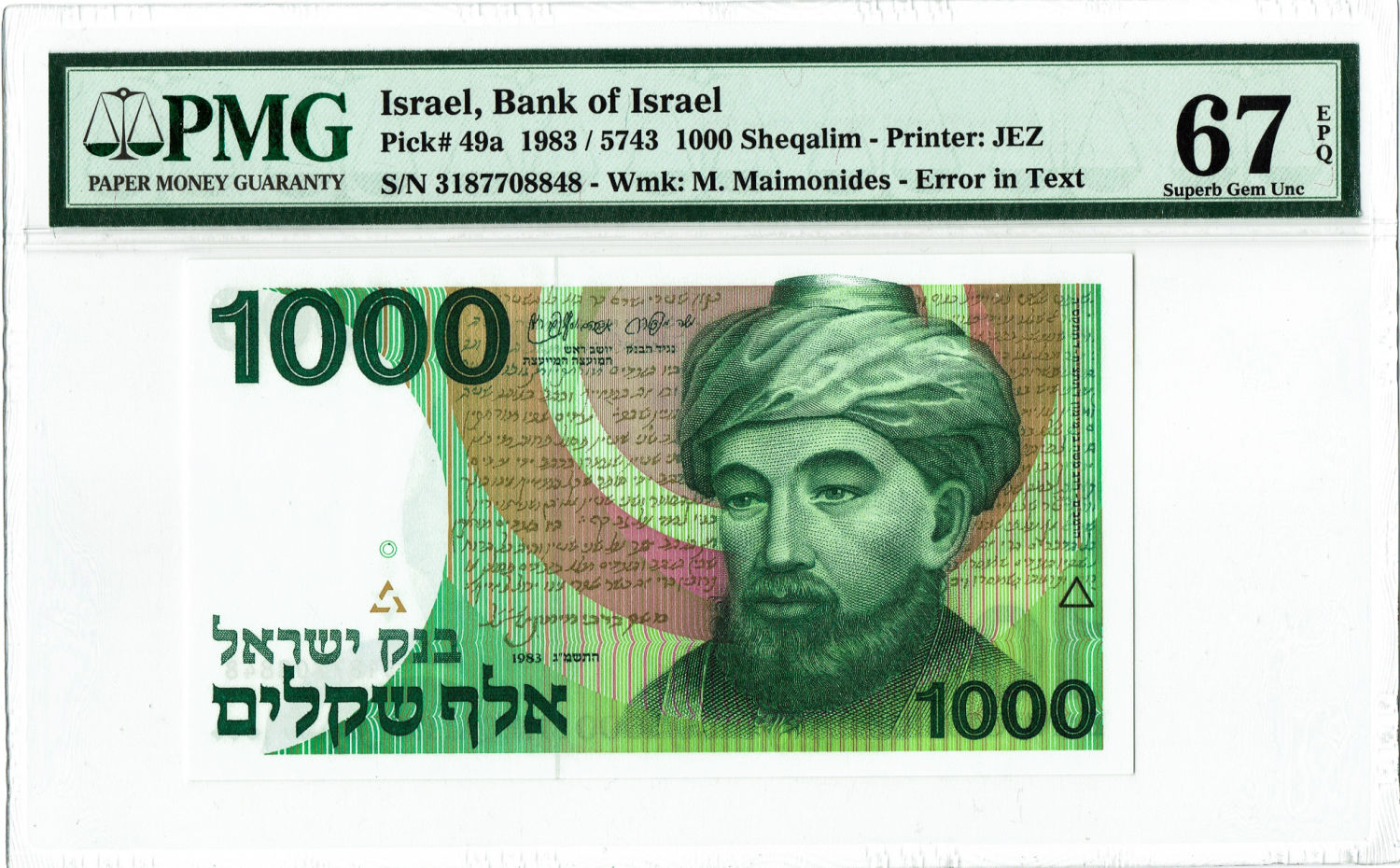 Israel - 1000 Shekels 1983 - PMG 67 EPQ - "Rarav" - 1 0