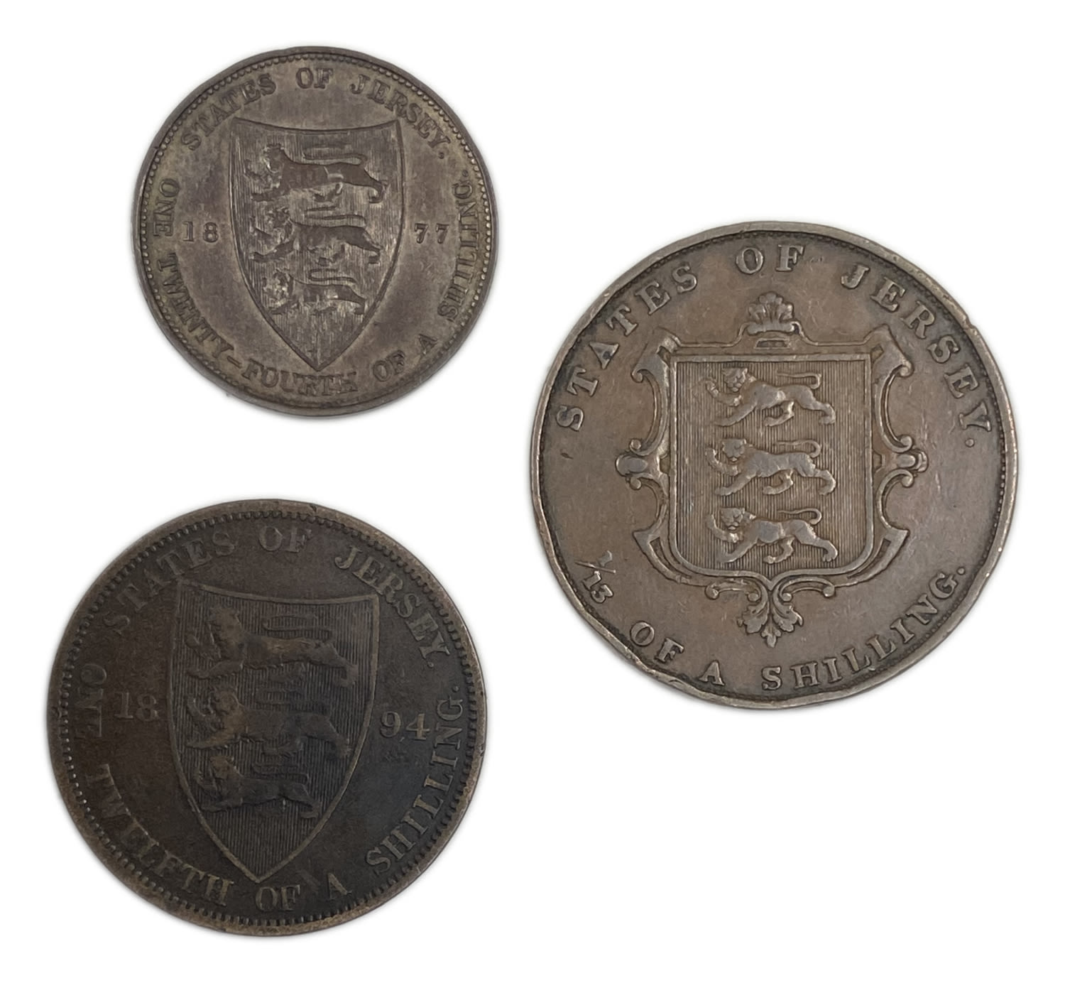 Jersey - 3 Coins of 1⁄12, 1⁄13, 1⁄24 Shilling 1851. 1877, 1894 - Victoria - British Crown dependencies - 1 0
