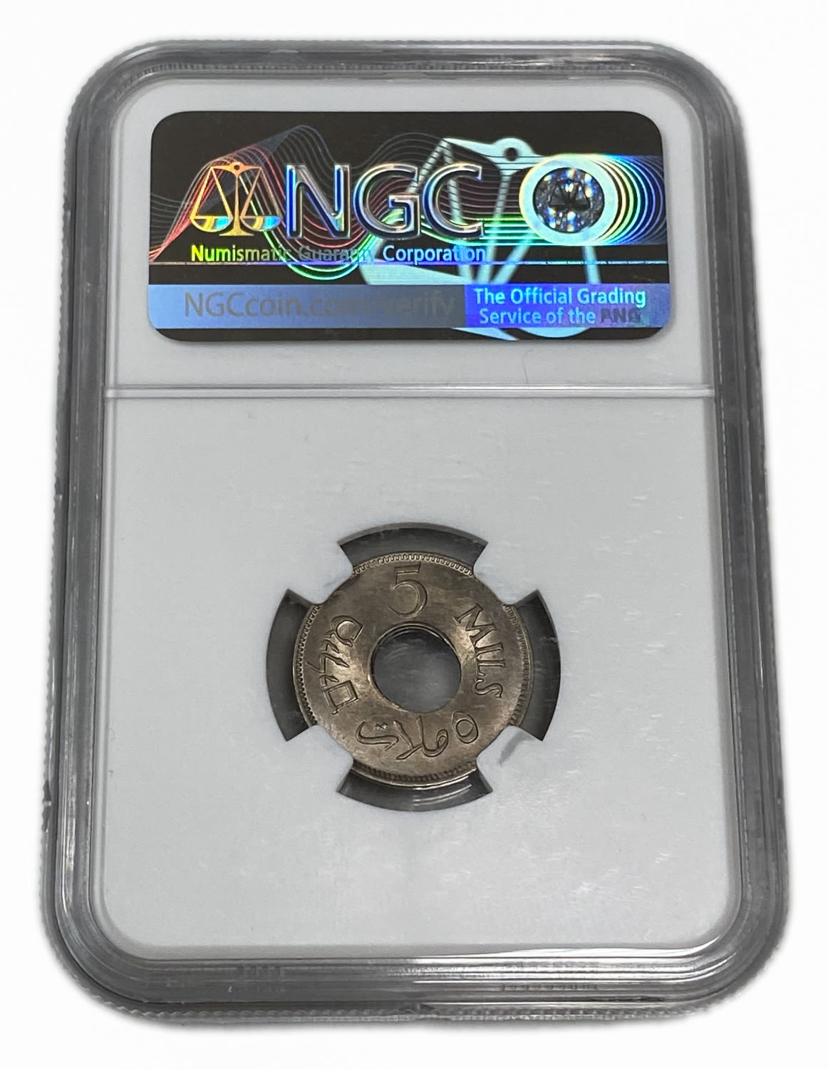 Palestine – 5 Mils 1946 – NGC MS 66 - Minting Error, Offset center hole - 1 3