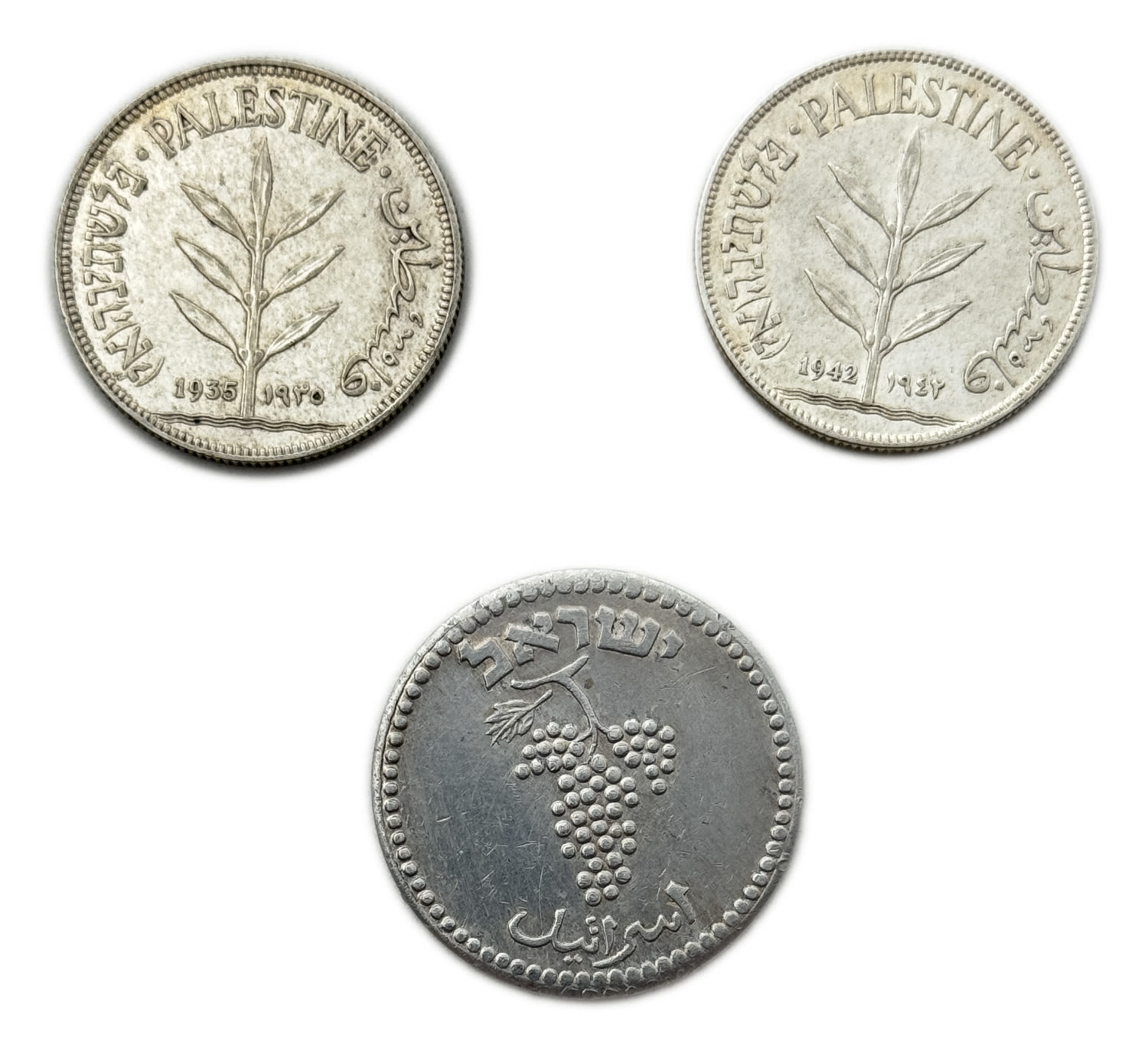 Palestine - 3 coins, 25 mil 1949 (Israel) and 2 coins of 100 mil 1935, 1942 - XF - 1 0