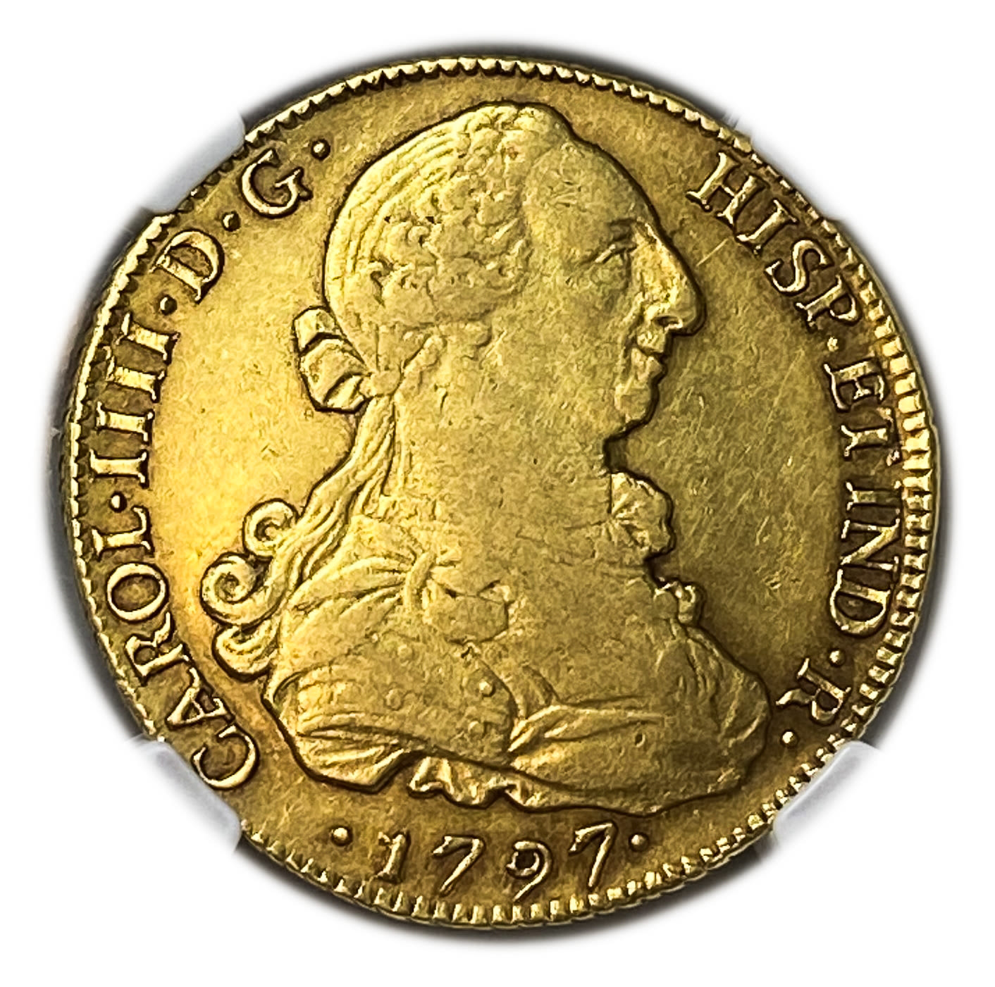 Chile – 8 Escudos – Carlos IV bust of Carlos III, CAROL IIII – NGC XF 45 – Gold 875, 27.06g, 37mm - 1 0